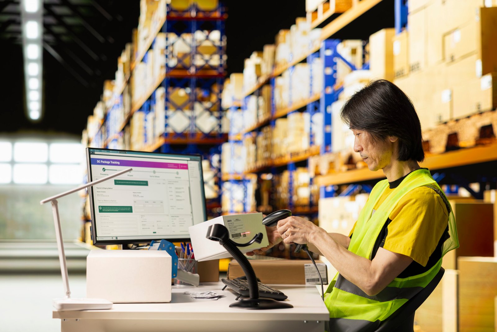 Asian depot worker scanning barcodes on packages in a warehouse, reviewing shipping labels and invoices for order fulfillment logistics. Inventory tracking operations in distribution hub.
