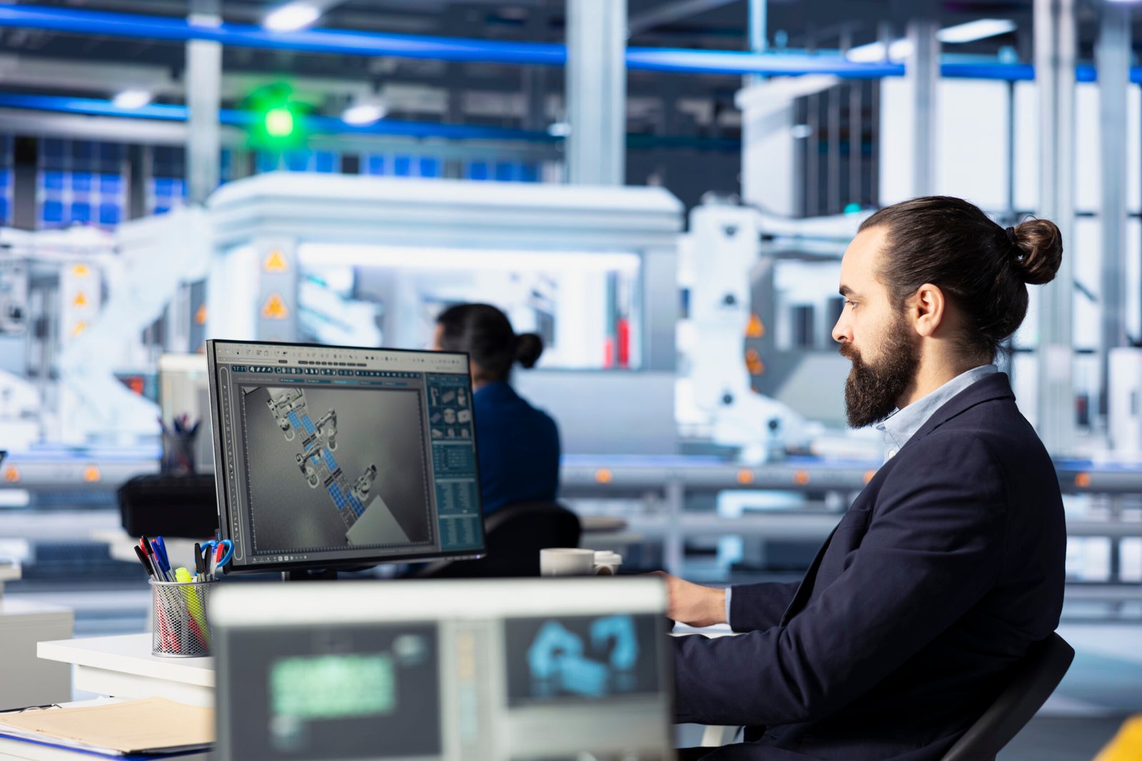 Quality control expert inspecting solar panel specifications on computer screen, ensuring high efficiency. Engineer in photovoltaics factory calibrating robotic arms on PC